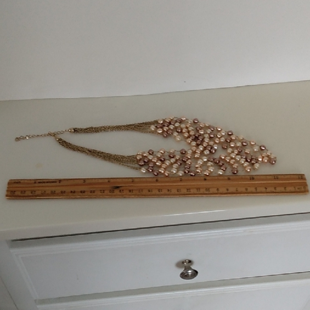 Pearl Chain Multi Strand Necklace Gold Tone Brown Ivory - Picture 8 of 11